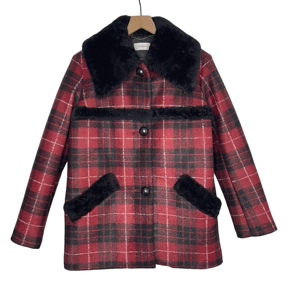 Coach Coat Womens 4 Wool Tartan Plaid Fur Collar Mob Wife Red Holiday Christmas